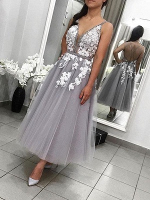 Charming A-line Tulle V-neck Tea-length Beading Spaghetti Straps Prom Dress With Appliques Lace_2