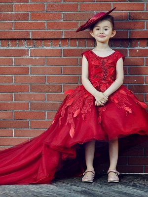 Cute Tulle Scoop Neck Beading Appliques Knee-Length Flower Girl Dress with Chapel Train_3