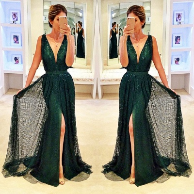 Sleeveless Sequined Front-Split Dark-Green V-Neck Sexy Prom Dress_3