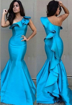 Blue Mermaid Prom Dresses One Shoulder Ruffles Tight Fitting Evening Gowns_2