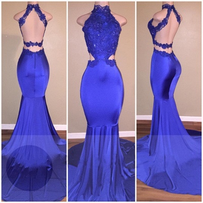 Halter High Neck Prom Dresses | Blue Mermaid Sleeveless Evening Gowns_3