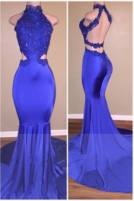 Halter High Neck Prom Dresses | Blue Mermaid Sleeveless Evening Gowns_2
