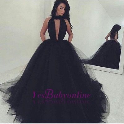 Black Ball Gown Prom Dresses Halter Neck Keyhole Neckline with Pockets Chic Evening Gowns_1