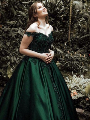 Elegant Dark Green Puffy Prom Dresses | Off-The-Shoulder Ball Gown Quinceanera Dresses_4