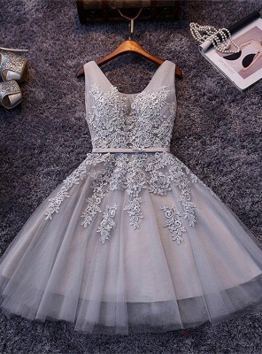 Elegant Silver Homecoming Dresses Lace Beaded  Puffy Hoco Dress_1