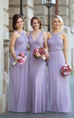 Lavender Bridesmaid Dresses Halter Neck Tulle Long Elegant Ruched Maid of the Honor Dress_2