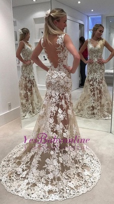 Ivory  Sheer Backless Lace Mermaid Designer Wedding Dress_1
