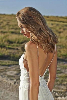 Simple Style Spaghetti Strap V Neck Lace A Line Summer Beach Wedding Dresses_5