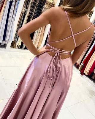 Simple A-line Spaghetti Straps Backless Floor-length Prom Dresses with Slit_2