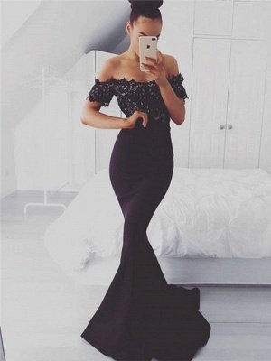 Glamorous Off-shoulder Sweep-train Lace Top Mermaid Prom Dresses_1