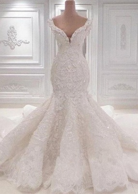 Off the Shoulder Lace Appliques Beaded Mermaid Wedding Dresses_1