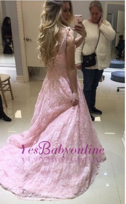 Fashion Long A-line V-neck Sheer Pink Lace Evening Dresses_1