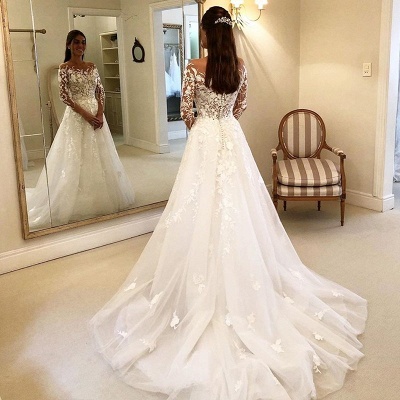 Long A-line Tulle Lace Appliques Wedding Dress With Sleeves_4