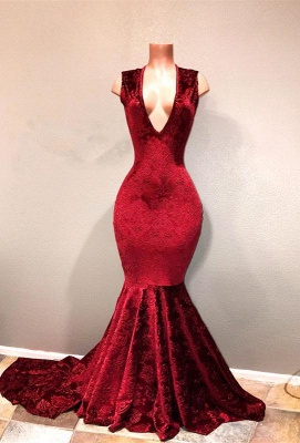 Sexy Burgundy Mermaid Prom Dresses | V-Neck Long Print Evening Gowns ...