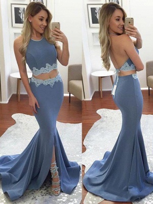 Mermaid Appliques Front-Split Backless Sexy Halter Two-Pieces Prom Dress_2