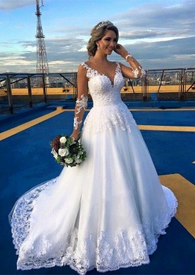 Gorgeous Jewel Long Sleeves Sweep Train Ball Gown Wedding Dresses | Bridal Gowns_1