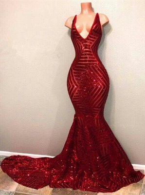 Chic Dark Red V-neck Sleeveless Zipper Sequins Mermaid Prom Dress_1