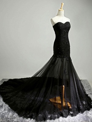 Black Beaded Mermaid Elegant Lace-Applique Sweetheart Prom Dresses_6