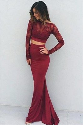 Burgundy Two-Piece Prom Dresses Lace Long Sleeves Backless Mermaid Evening Gowns_1