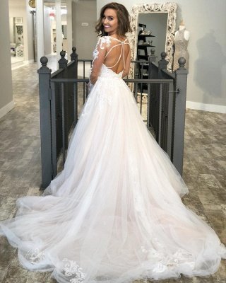 Long Sleeve Jewel Applique Ruffles A Line Wedding Dresses | Sheer Back Wedding Gown_2