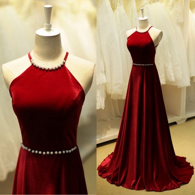 Halter Neck Long Prom Dresses Dark Red Sleeveless Beadings Elegant Evening Dress_4