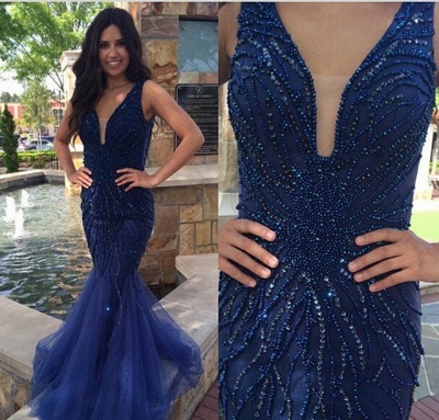Blue Mermaid Prom Dresses Sleeveless Beadings V-Neck Luxury Evening Gowns_3