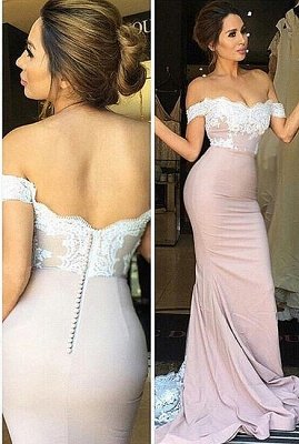 2019 Blushing Pink Prom Dresses Lace Off-the-Shoulder Appliques Mermaid Evening Gowns_2