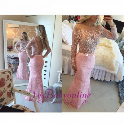 Off-the-Shoulder Lace Pink Pearls Mermaid Long-Sleeves Long Prom Dresses_1