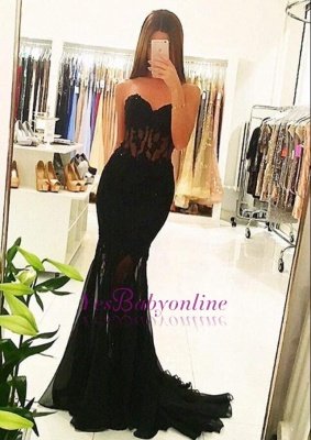 Mermaid Black Sheer Prom Dresses Appliques Long Sexy Tulle Evening Gowns_1