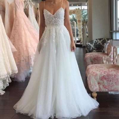 A-line Lace Romantic Spaghetti-Strap Sleeveless Tulle Wedding Dress_3