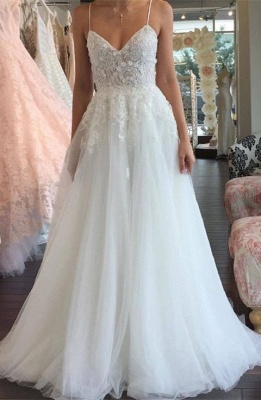 A-line Lace Romantic Spaghetti-Strap Sleeveless Tulle Wedding Dress_2