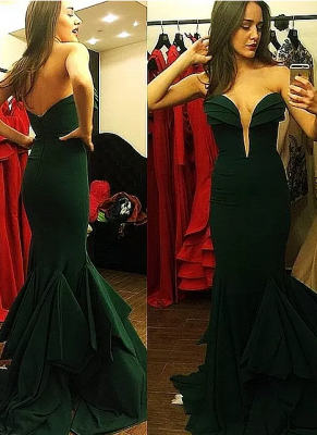 Ruffles-Skirt Sweetheart-Neck Long Sexy Mermaid Emerald-Green Prom Dresses_2