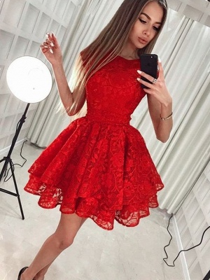 Attractive Red Bateau A-line Appliques Lace Short Prom Dress With Ruffles_1