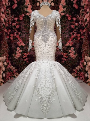 Charming Crystals Mermaid Bridal Gowns  | Long Sleeves Chapel Train Wedding Dresses_1