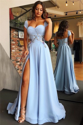 Cap Sleeves Open Back Blue Formal Evening Dress | Side Slit Appliques Prom Dresses_2