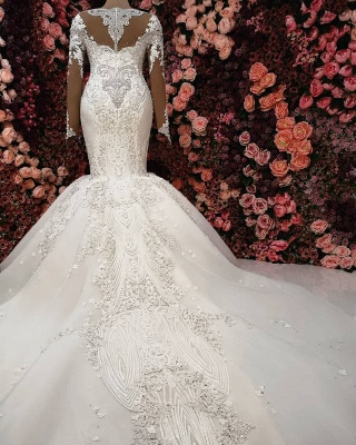 Charming Crystals Mermaid Bridal Gowns  | Long Sleeves Chapel Train Wedding Dresses_4