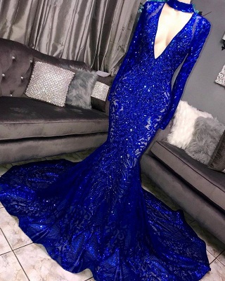 Glamorous Mermaid Long Sleeves Deep V-neck Lace Applique Long Prom Dress_2