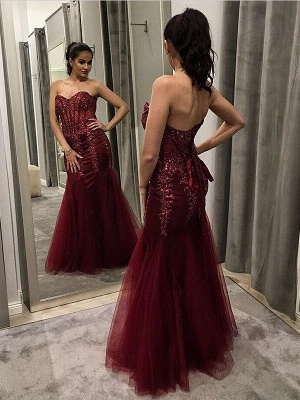 Mermaid Burgundy  Appliques Sweetheart Long Prom Dress with Sequins_3