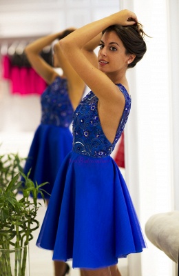 Cute Scoop-Neck Royal-Blue Short V-back Prom Dress_3