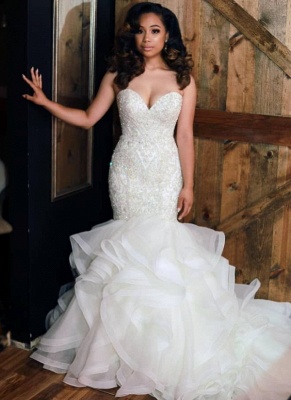 Charming Mermaid Beading Wedding Dresses | Sweetheart Neck Ruffles Skirt Bridal Gowns_1