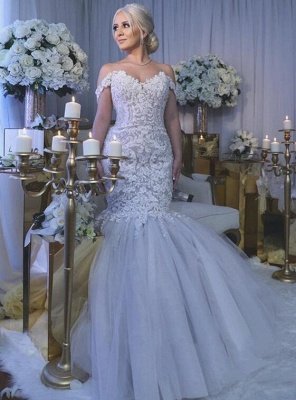 Glamorous Off-the-Shoulder Sweetheart Long Mermaid Lace Wedding Dress_1