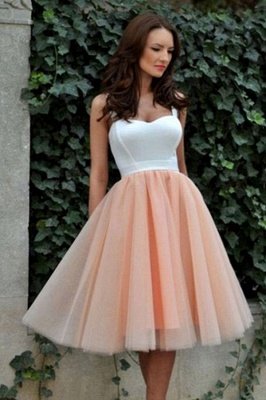Straps Puffy Party Dresses White Coral Tea Length Short Prom Dresses_2
