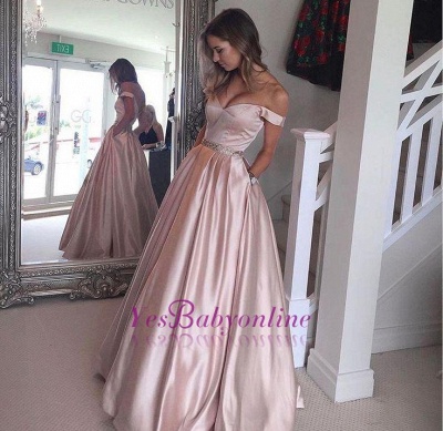 Pearl Pink Prom Dresses Off-the-Shoulder Beading with Pockets Puffy Formal Gowns_1