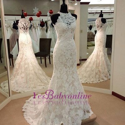 Lace Appliques Sexy Mermaid Wedding Dresses | High Neck Buttons Back Long Bridal Gowns_1