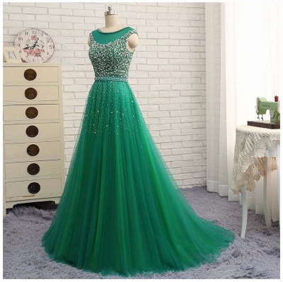 Green Sleeveless A-Line Beaded Brilliant Scoop  Prom Dresses_5