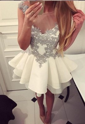 Vintage Bateau Sleeveless Appliques Lace A-line Short Prom Dress With Ruffles_3