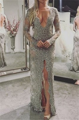 Sexy Deep V-neck Long Sleeve Sheath BacklessLace Prom Dress With Side Slit_1
