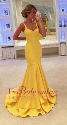 Mermaid Yellow Spaghetti-Straps Simple Tiered Prom Dress_4
