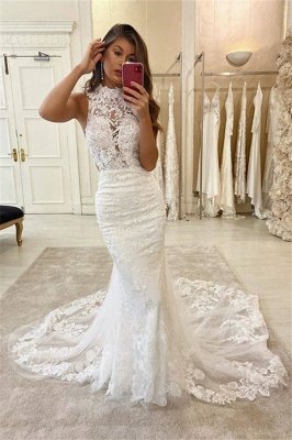 Elegant High Neck Lace Fiteed Mermaid Floor Length Wedding Dresses_2