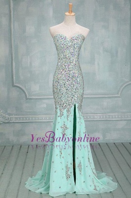 Luxury Mint Crystals Prom Dresses Sweetheart Neck Chiffon Side Slit Evening Gowns_1